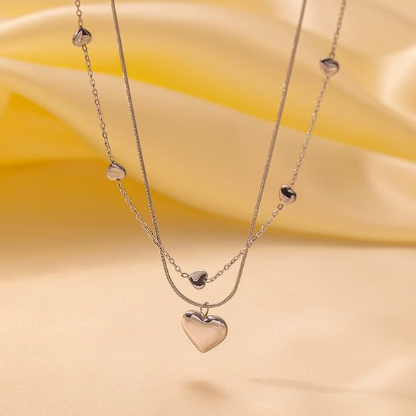 Wholesale Women's Light Luxury Style 18K Gold Plated Heart And Drop Shape Titanium Steel Snake Bone Chain Doublelayer Necklace