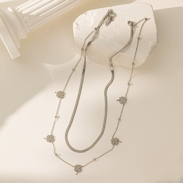 Wholesale Women's Light Luxury Style 18K Gold Plated Heart And Drop Shape Titanium Steel Snake Bone Chain Doublelayer Necklace