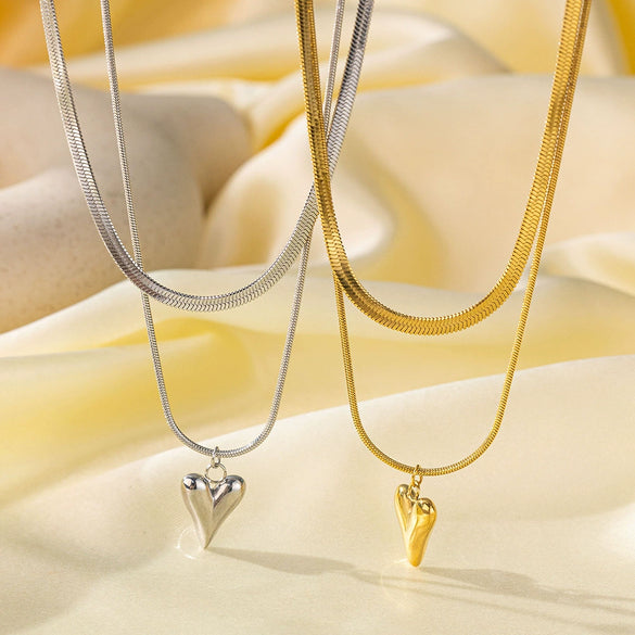 Wholesale Women's Light Luxury Style 18K Gold Plated Heart And Drop Shape Titanium Steel Snake Bone Chain Doublelayer Necklace