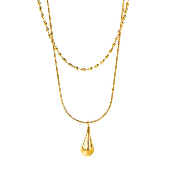 Wholesale Women's Light Luxury Style 18K Gold Plated Heart And Drop Shape Titanium Steel Snake Bone Chain Doublelayer Necklace