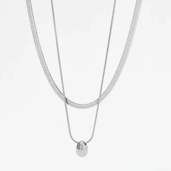 Wholesale Women's Light Luxury Style 18K Gold Plated Heart And Drop Shape Titanium Steel Snake Bone Chain Doublelayer Necklace