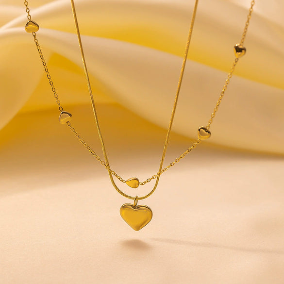 Wholesale Women's Light Luxury Style 18K Gold Plated Heart And Drop Shape Titanium Steel Snake Bone Chain Doublelayer Necklace