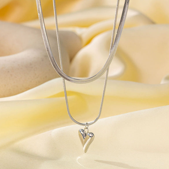 Wholesale Women's Light Luxury Style 18K Gold Plated Heart And Drop Shape Titanium Steel Snake Bone Chain Doublelayer Necklace