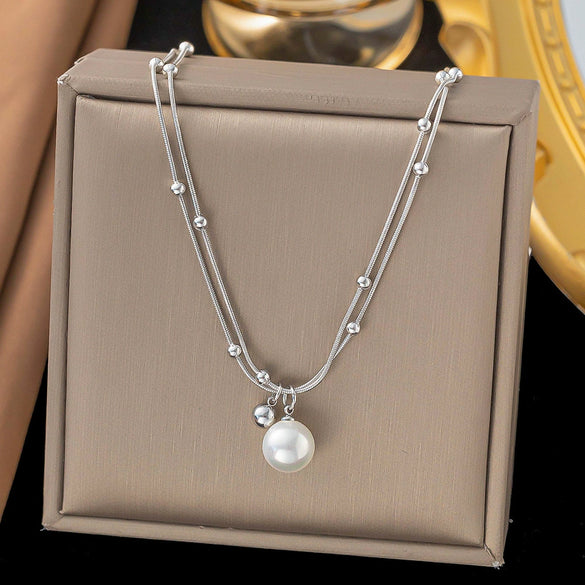 Wholesale Women's Light Luxury Style 18K Gold Plated Heart And Drop Shape Titanium Steel Snake Bone Chain Doublelayer Necklace