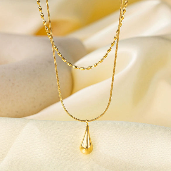 Wholesale Women's Light Luxury Style 18K Gold Plated Heart And Drop Shape Titanium Steel Snake Bone Chain Doublelayer Necklace