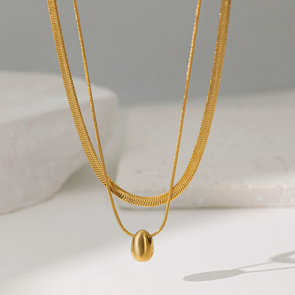 Wholesale Women's Light Luxury Style 18K Gold Plated Heart And Drop Shape Titanium Steel Snake Bone Chain Doublelayer Necklace