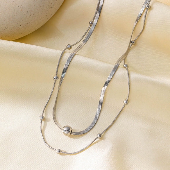 Wholesale Women's Light Luxury Style 18K Gold Plated Heart And Drop Shape Titanium Steel Snake Bone Chain Doublelayer Necklace