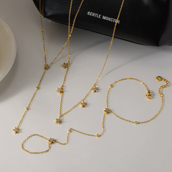 Wholesale Women's Light Luxury Style 18K Gold Plated Stainless Steel Oshaped Chain Jewelry Set With Flower Pendant