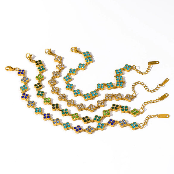Wholesale Women's Light Luxury Style Real Gold Plated Stainless Steel Flower Pattern Bracelet With Diamond Inlay