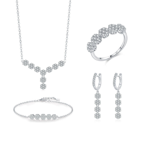 Wholesale Women's Light Luxury Style S925 Sterling Silver Flower Pattern Ring Necklace Earrings Bracelet Set With Electroplating
