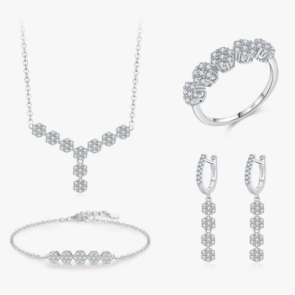 Wholesale Women's Light Luxury Style S925 Sterling Silver Flower Pattern Ring Necklace Earrings Bracelet Set With Electroplating