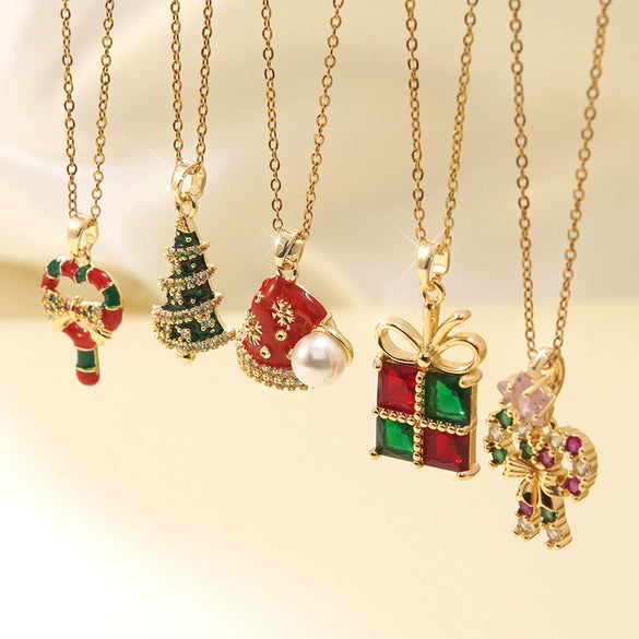 Wholesale Women's Light Luxury Style Stainless Steel And Copper Necklace With Glass Inlay Of Cartoon Characters Christmas Tree And Bow