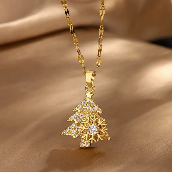 Wholesale Women's Light Luxury Style Stainless Steel And Copper Necklace With Glass Inlay Of Cartoon Characters Christmas Tree And Bow