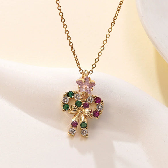 Wholesale Women's Light Luxury Style Stainless Steel And Copper Necklace With Glass Inlay Of Cartoon Characters Christmas Tree And Bow