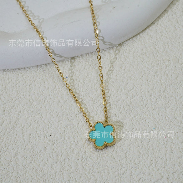 Wholesale Women's Light Luxury Style Stainless Steel And Titanium Steel Electroplated Geometric Five Leaf Clover And Flower Pendant Clavicle Necklace