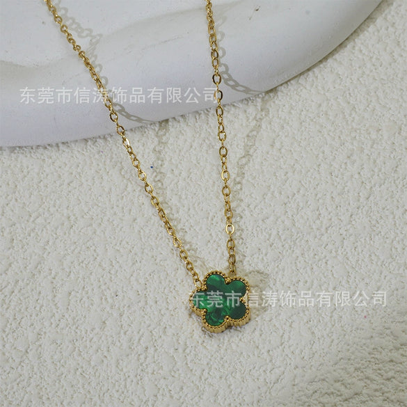 Wholesale Women's Light Luxury Style Stainless Steel And Titanium Steel Electroplated Geometric Five Leaf Clover And Flower Pendant Clavicle Necklace