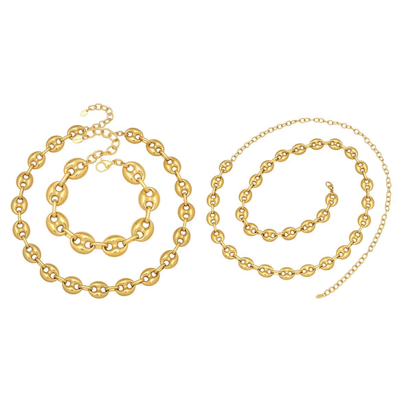 Wholesale Women's Light Luxury Style Stainless Steel Colorblocked Hollow Pig Nose Necklace Bracelet Set With 18K Gold Plating
