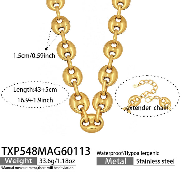 Wholesale Women's Light Luxury Style Stainless Steel Colorblocked Hollow Pig Nose Necklace Bracelet Set With 18K Gold Plating