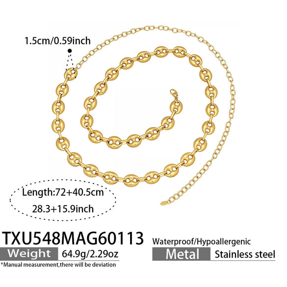Wholesale Women's Light Luxury Style Stainless Steel Colorblocked Hollow Pig Nose Necklace Bracelet Set With 18K Gold Plating