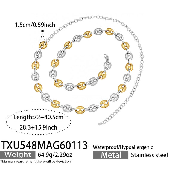 Wholesale Women's Light Luxury Style Stainless Steel Colorblocked Hollow Pig Nose Necklace Bracelet Set With 18K Gold Plating