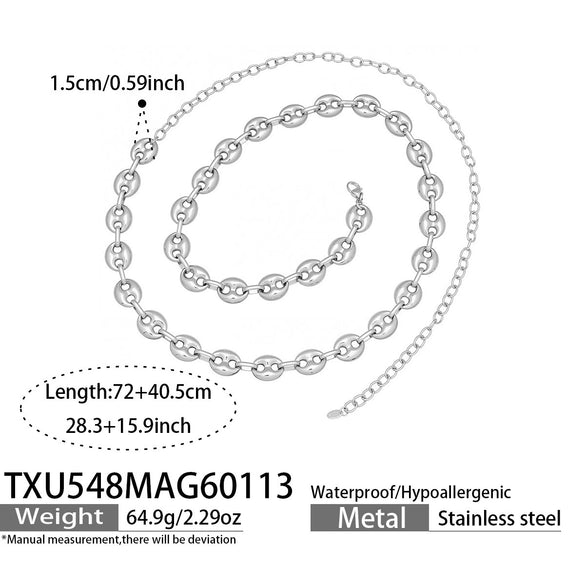 Wholesale Women's Light Luxury Style Stainless Steel Colorblocked Hollow Pig Nose Necklace Bracelet Set With 18K Gold Plating