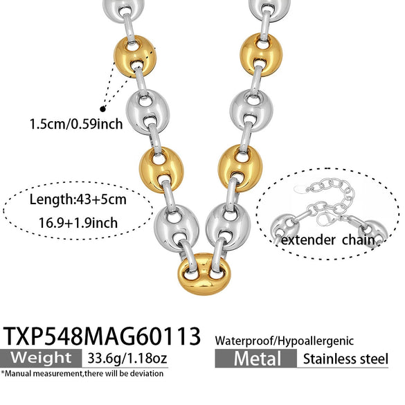 Wholesale Women's Light Luxury Style Stainless Steel Colorblocked Hollow Pig Nose Necklace Bracelet Set With 18K Gold Plating