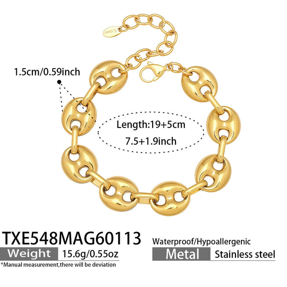 Wholesale Women's Light Luxury Style Stainless Steel Colorblocked Hollow Pig Nose Necklace Bracelet Set With 18K Gold Plating