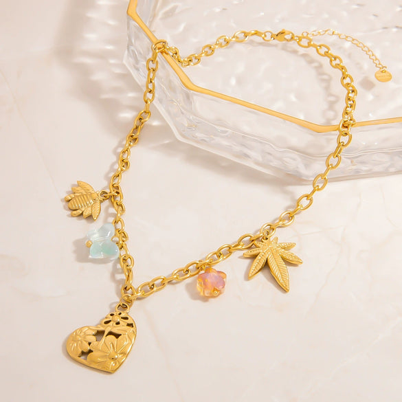 Wholesale Women's Light Luxury Style Stainless Steel Electroplated Necklace With Heart Shape Fruit Flower Bow Insect Leaf Ushaped Star Animal Zodiac Patterns