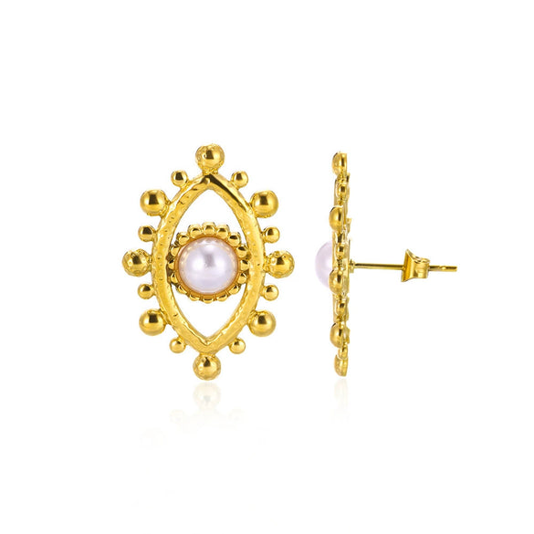 Wholesale Women's Light Luxury Style Stainless Steel Fresh Water Pearl Earrings With Flower And Leaves Pattern And Electroplating Design