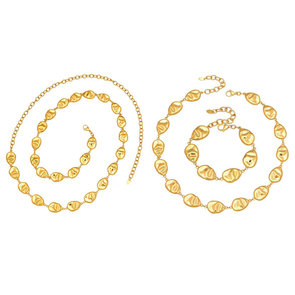 Wholesale Women's Light Luxury Style Stainless Steel Goldplated Handmade Necklace And Bracelet Set With Textured Hollow Design