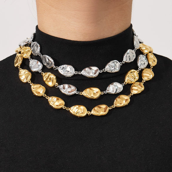 Wholesale Women's Light Luxury Style Stainless Steel Goldplated Handmade Necklace And Bracelet Set With Textured Hollow Design