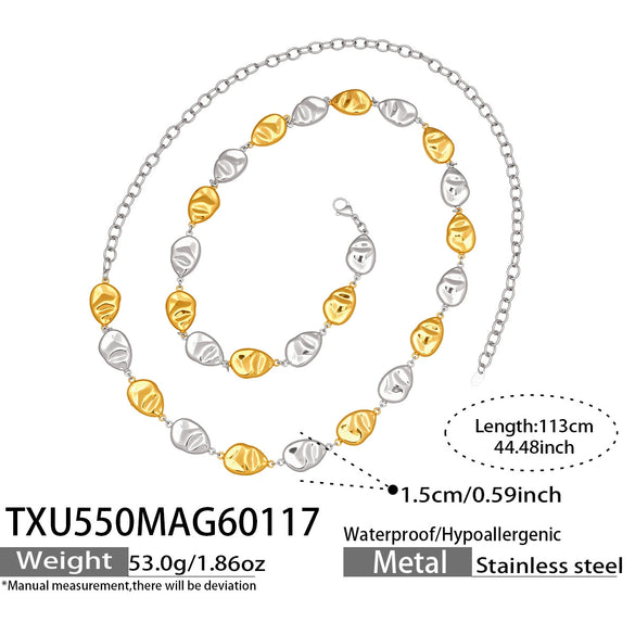 Wholesale Women's Light Luxury Style Stainless Steel Goldplated Handmade Necklace And Bracelet Set With Textured Hollow Design