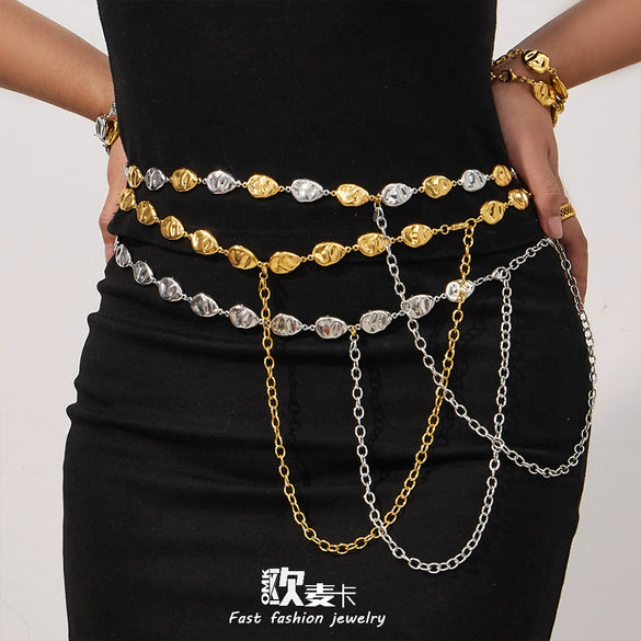 Wholesale Women's Light Luxury Style Stainless Steel Goldplated Handmade Necklace And Bracelet Set With Textured Hollow Design