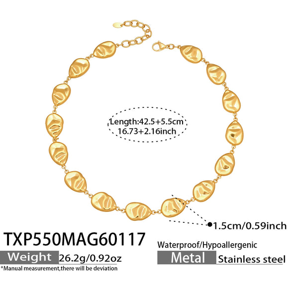 Wholesale Women's Light Luxury Style Stainless Steel Goldplated Handmade Necklace And Bracelet Set With Textured Hollow Design