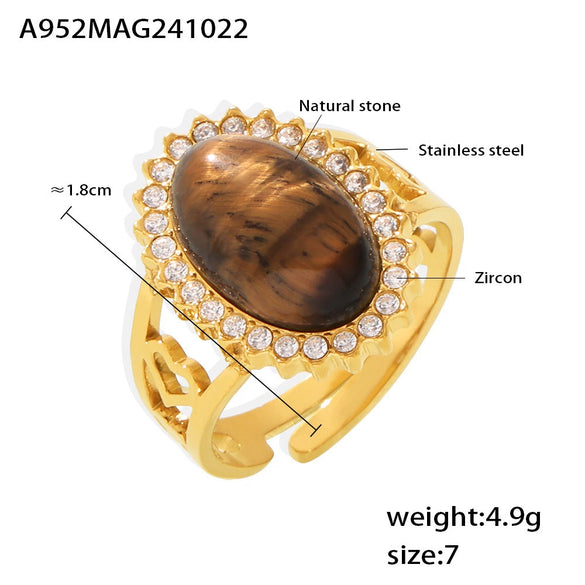 Wholesale Women's Light Luxury Style Stainless Steel Natural Zircon Stone Open Ring With Wave And Geometric Pattern Pvd Electroplated