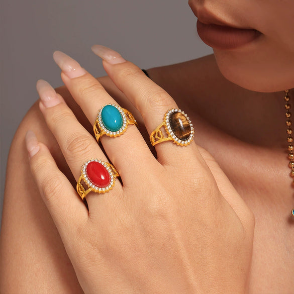 Wholesale Women's Light Luxury Style Stainless Steel Natural Zircon Stone Open Ring With Wave And Geometric Pattern Pvd Electroplated