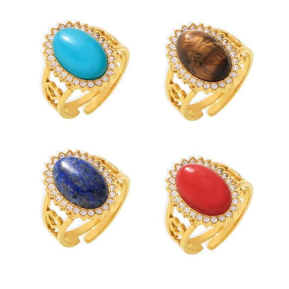 Wholesale Women's Light Luxury Style Stainless Steel Natural Zircon Stone Open Ring With Wave And Geometric Pattern Pvd Electroplated