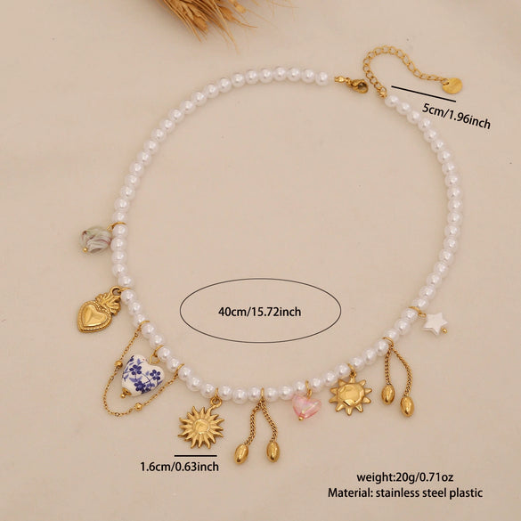 Wholesale Women's Light Luxury Style Stainless Steel Pearl Strand Necklace With Real Gold Plated Heart Shape Titanium Steel Pendant