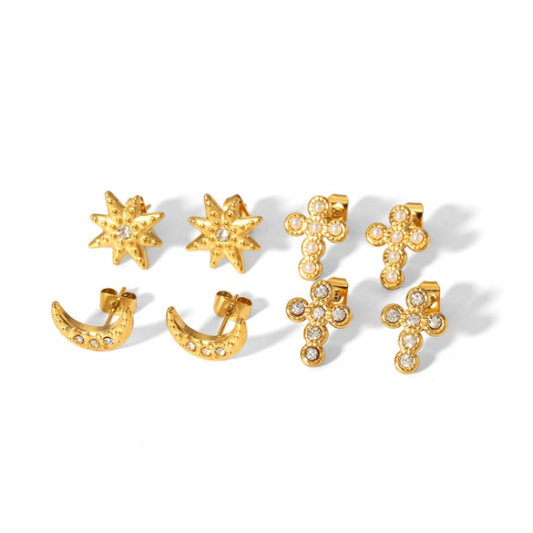 Wholesale Women's Light Luxury Style Stainless Steel Stud Earrings With Star Pattern And Cross Shape Electroplated