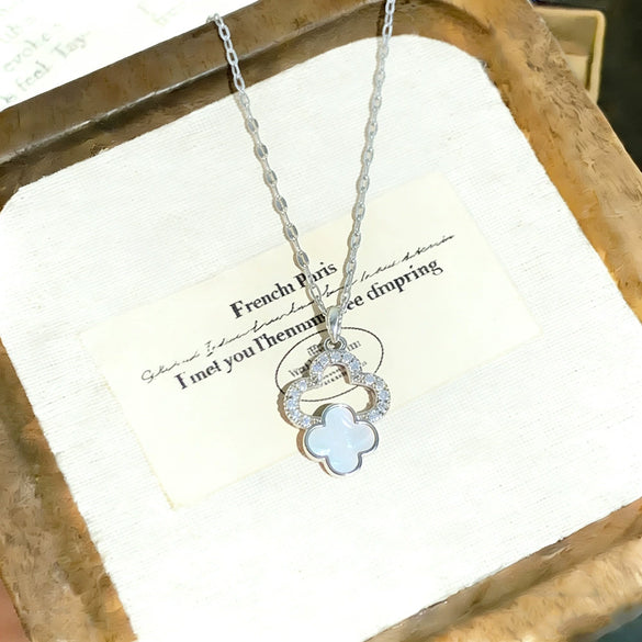 Wholesale Women's Light Luxury Style Titanium Steel Necklace With Zirconinlaid Copper Flowers Pendant And Water Wave Chain