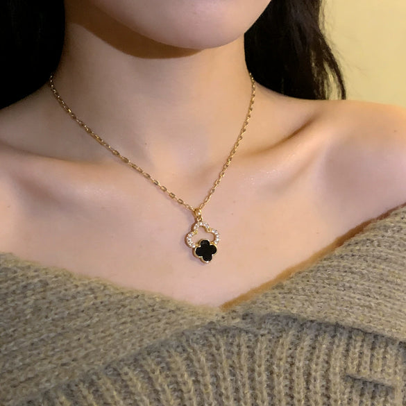 Wholesale Women's Light Luxury Style Titanium Steel Necklace With Zirconinlaid Copper Flowers Pendant And Water Wave Chain