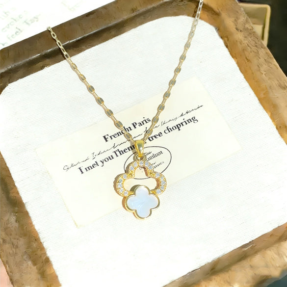 Wholesale Women's Light Luxury Style Titanium Steel Necklace With Zirconinlaid Copper Flowers Pendant And Water Wave Chain