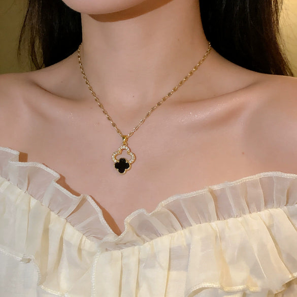Wholesale Women's Light Luxury Style Titanium Steel Necklace With Zirconinlaid Copper Flowers Pendant And Water Wave Chain