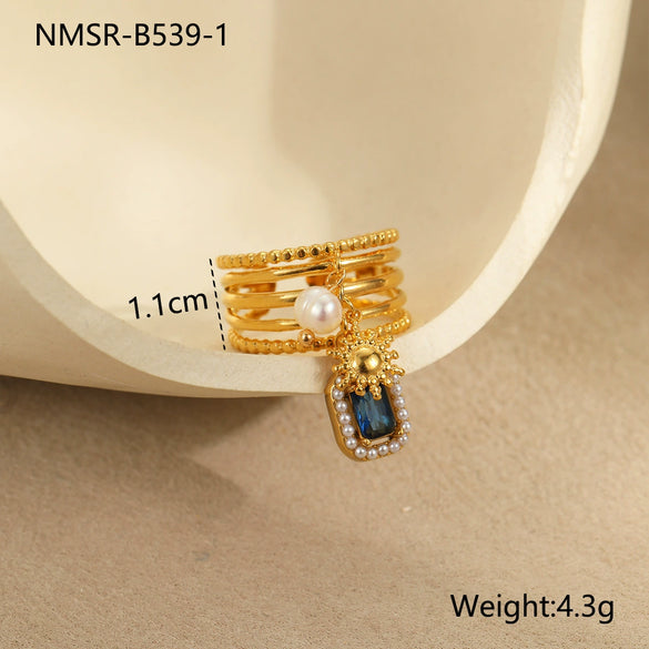 Wholesale Women's Light Luxury Style Titanium Steel Ring Inlaid With Zircon And Natural Stone Electroplated Geometric Design