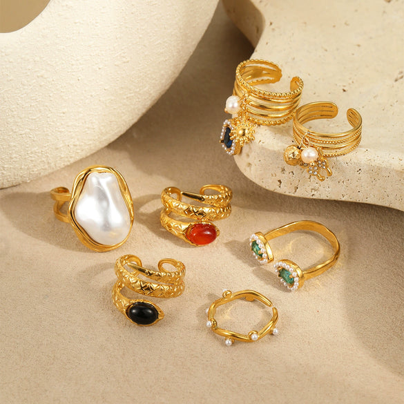 Wholesale Women's Light Luxury Style Titanium Steel Ring Inlaid With Zircon And Natural Stone Electroplated Geometric Design