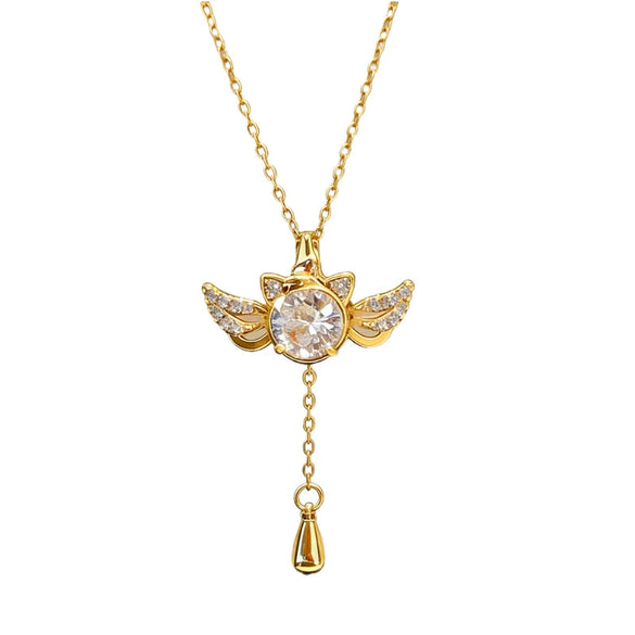 Wholesale Women's Light Luxury Style Winged Cat Pendant Titanium Steel Oshaped Chain Necklace With Zircon Inlay