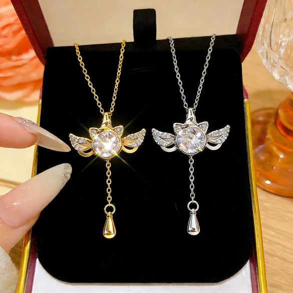 Wholesale Women's Light Luxury Style Winged Cat Pendant Titanium Steel Oshaped Chain Necklace With Zircon Inlay