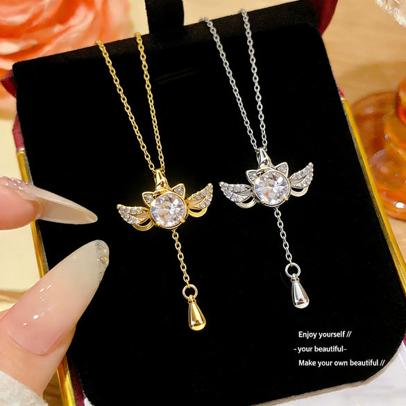 Wholesale Women's Light Luxury Style Winged Cat Pendant Titanium Steel Oshaped Chain Necklace With Zircon Inlay