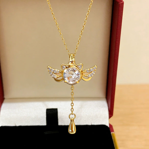Wholesale Women's Light Luxury Style Winged Cat Pendant Titanium Steel Oshaped Chain Necklace With Zircon Inlay