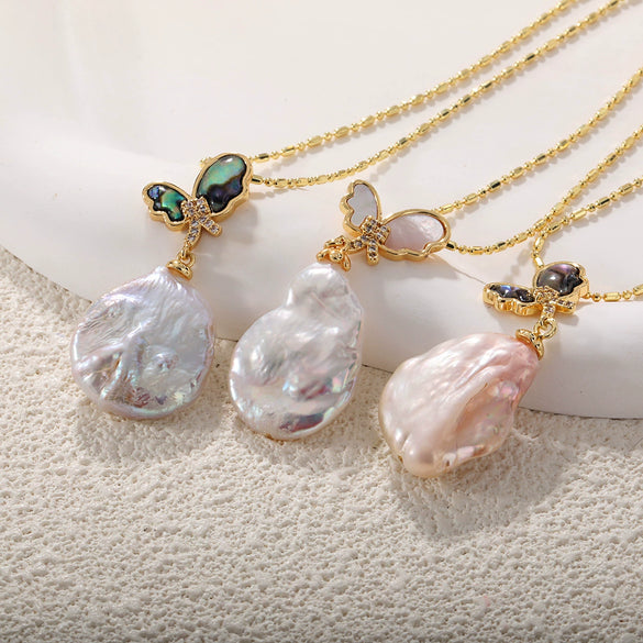 Wholesale Women's Light Luxury Sweet Style Copper Gold Plated Freshwater Baroque Pearl Necklace With Butterfly Flower Drop Shape Design